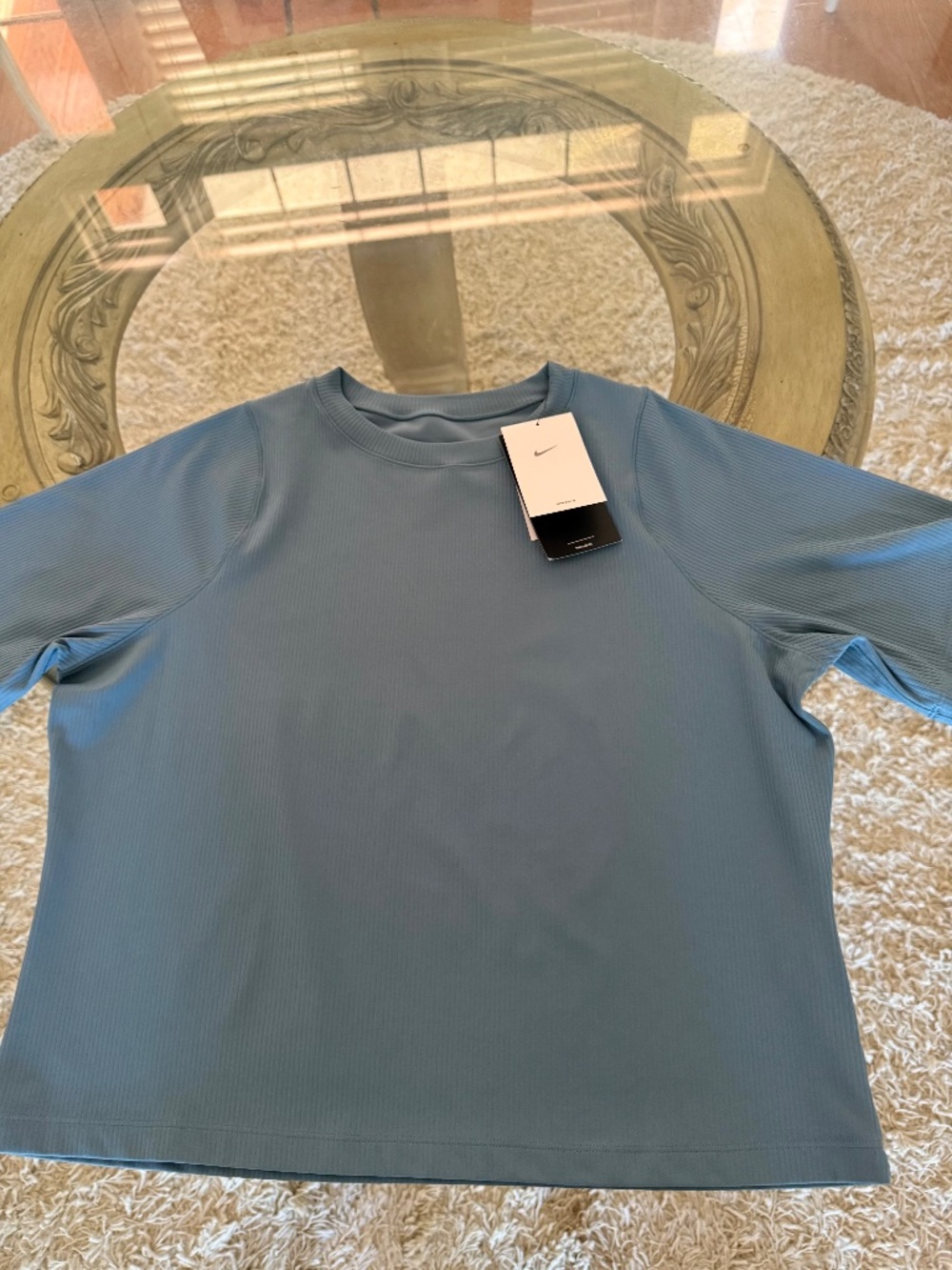 Nike Women's Zenvy Rib Dri-FIT Short-Sleeve Top Smokey Blue Size XL Workout Gym